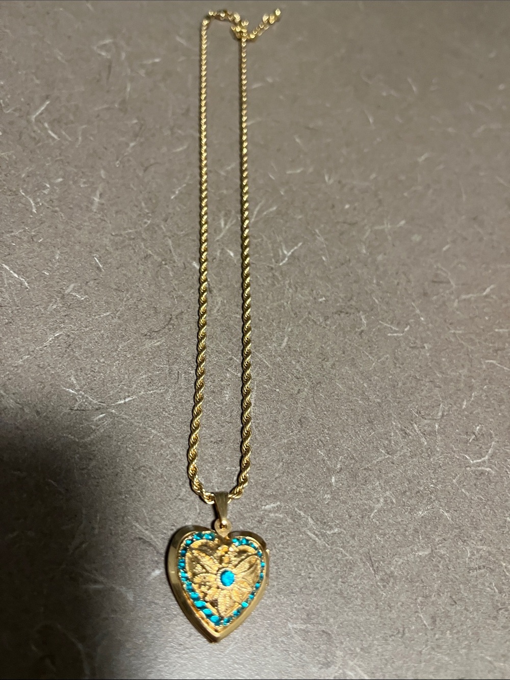 Gold Heart Locket Pendant Necklace with Turquoise Accents 12-14” clasped